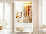White Wardrobe Closet with Mirror Door, 2 Doors & 2 Drawers Storage Cabinet with LED Sensor Light, 36362195