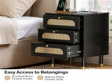 3-Drawer Nightstand with Woven Rattan Fronts and Built-in Power Outlet 15.75"*13.78"*23.82" Black 43527562