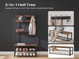 3-in-1 Industrial Hall Tree with Shoe Storage Bench, Rustic Walnut & Black 79990994