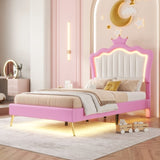Twin Size Upholstered Bed Frame with LED Lights, Modern Upholstered Princess Bed with Crown W2770P190377