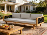 Three-Seater Outdoor Daybed - Acacia Wood Teak Finish Frame with Light Grey Cushions & Black Flat N770P373436L