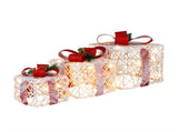 3-Piece Flocked Christmas Gift Boxes - 60 Warm-White LEDs, Timer Function, WhiteRed Festive Decor 84994515