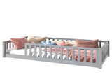 Twin Size Floor Bed with Fence without Door, Rubber Wood Floor Bed with Safety Guardrails,Grey W504P296793