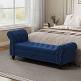 64.5" Bed Bench for Bed Room Nails Tufted Chaise of Lounge with Storage Velvet Upholstery Navy Blue W1097P202879