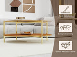 Luxurious Round Coffee Table with-Tinted Tempered Glass Top Walnut Wood Storage Shelf, Sturdy W1935P457159