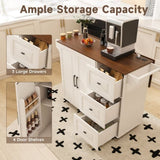 White Kitchen Island Cart with Foldable Tabletop & Drop Leaf - Mobile Breakfast Bar on Wheels with 66856892