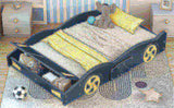 Full Size Race Car-Shaped Platform Bed with Wheels and Storage, Dark BlueYellow WF305760AAC