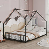 Full size children's bed frame with LED light strips, roof-shaped iron frame bed, Black,78.5" L x W1820P308331