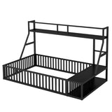 Full Size Floor Bed Frame with Safety Fence, Metal Floor Bed with Desk and Storage Shelves, W1580P240070