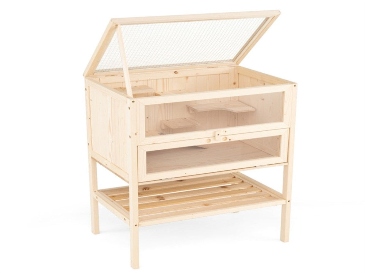 31.5 " Fir Wood Hamster Cage with Flip Mesh Roof, Multi-Level Activity ...