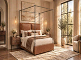 Queen Canopy Bed Frame, Faux Leather Upholstered Bed with Metal Frame, Four Poster Platform Bed, No W636P566621