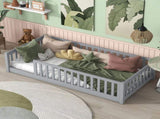 Twin Size Floor Bed with Fence without Door, Rubber Wood Floor Bed with Safety Guardrails,Grey W504P296793