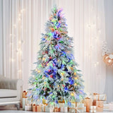 7.5FT Pre-Lit Spruce Snow Flocked Christmas Tree, Artificial Hinged Xmas Tree with 350 Multi-Color 28786227