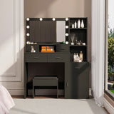 The black vanity with a mirror is equipped with a hair dryer rack, and the dressing tables in the W1320P186707