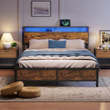 ZNTS Industrial QUEEN Bed Frame with LED Lights and 2 USB Ports, Bed Frame Full Size with Storage, Noise W1935123361