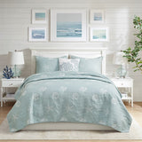 4 Piece Cotton Reversible Embroidered Quilt Set with Throw Pillow Aqua Full/Queen B03595790