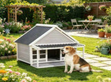 Wooden Dog House with Porch, Outdoor Weatherproof Dog House with Tilt Roof, Front Door and Windows, 63944571