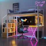 Twin Size Metal Loft Bed with Built-in Work Station, Wardrobe, Storage Staircase and LED, White 60991142
