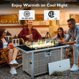 K&K 43" Propane Gas Fire Pit Table, 60000 BTU Rectangular Open Weave Wicker Fire Pit with Glass Wind N707P210158G