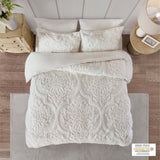 Full/Queen 3 Piece Tufted Cotton Chenille Damask Duvet Cover Set B03597340