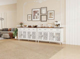 Vintage Sideboard Buffet Cabinet with Hand-Carved Geometric Doors, Distressed Light Wood Finish with W688P360028