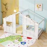 Twin-Size Kids House White Floor Bed- 82"x42"x51" Size, LED Light Strip for Cozy 73789275