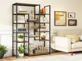 Freestanding Geometric Walnut Bookshelf 12 Staggered Shelves Metal Frame with Anti-Tip Kit 20854570