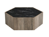 Hexagonal Rustic Retro Wood Coffee Table, with 2 Hidden Drawers, Textured Black Marble Tops, Light N770P309823L