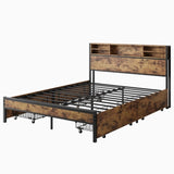 Queen Size Bed Frame with 4 Storage Drawers, Metal Platform Bed with Wooden Headboard and Charging W840134067