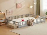 Gray painted pine wood playpen bed with door and board, full-size children's wooden bed 45176217