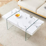 ZNTS 43.3"x23.6" White Marble-Patterned MDF Coffee Table with Tempered glass legs.Suitable for Living W1151P209565