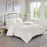 3 Piece Tufted Cotton Chenille Damask Comforter Set Off-White Full/Queen B03597087