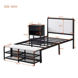 Twin size Metal Platform Bed with Two-Tier Storage Shelves, Wooden Storage Cabinet, Black N737P199330B