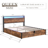 Lift-up Storage Bed Frame, Queen Size Bed Frame with Bookcase Headboard & LED Lights, Wooden W1916P184705