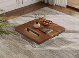35.43" Square Walnut Coffee Table with Thickened Tabletop, Saddle Leather-Wrapped Edge and Polished W5909P583165