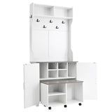 ON-TREND Farmhouse 4-in-1 Hall Tree with Barn Doors, Movable Bench with 7 Hanging Hooks and Shoe N721P205788K