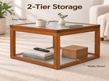 Small Square Coffee, Coffee with Storage - 2-Tier Real Bamboo & Fluted Glass Coffee W2641P566264