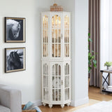 Corner Curio Cabinet with 4 Adjustable Tempered Glass Shelves and Lighting System, Solid Wood W1693P216951