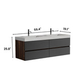 Grace 60" Walnut Bathroom Vanity with Glossy White Solid Surface Sink and Soft Black Drawers, Wall W1865P281239