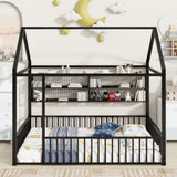 Full Size Metal Bed House Bed Frame with Fence and Shelves, Black N737P175361B