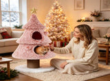 Pink Xmas Tree Themed Cat Tower, Multi-Layer Corner Cat Tree with 2 Deluxe Semi-Enclosed Condos, 58737760