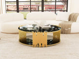Modern minimalist light luxury style stainless steel circular coffee table, black tempered glass 38672474