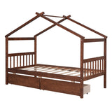 ZNTS Twin Size Wooden House Bed with Drawers, Walnut WF300799AAL