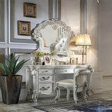 Beige and Antique Silver Vanity Stool with Nailhead Trim B062P208998