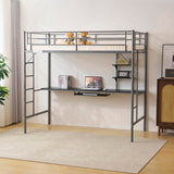 Twin Size Metal Bed with Desk and Storage Shelves, 2 Built-in Ladders & Full-Length Guardrails, 46259316