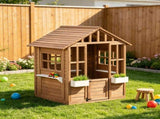 Kids Wooden Outdoor Playhouse, Garden Cottage with Flower Pot Holder & Working 08972095