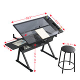black adjustable tempered glass drafting printing table with chair W34737210