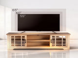 57.87 Inch TV Stand with Deep Brown Top & Natural Wood Cabinet - Double Glass Door Media Console, 81661813