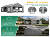 12x20 FT Heavy Duty Carport Canopy, Outdoor Garage with Roll-Up Doors & Mesh Windows, Galvanized W1422P541148