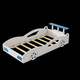 ZNTS Wooden Race Car Bed,Car-Shaped Platform Twin Bed with Wheels For Teens,White & Blue WF310553AAK